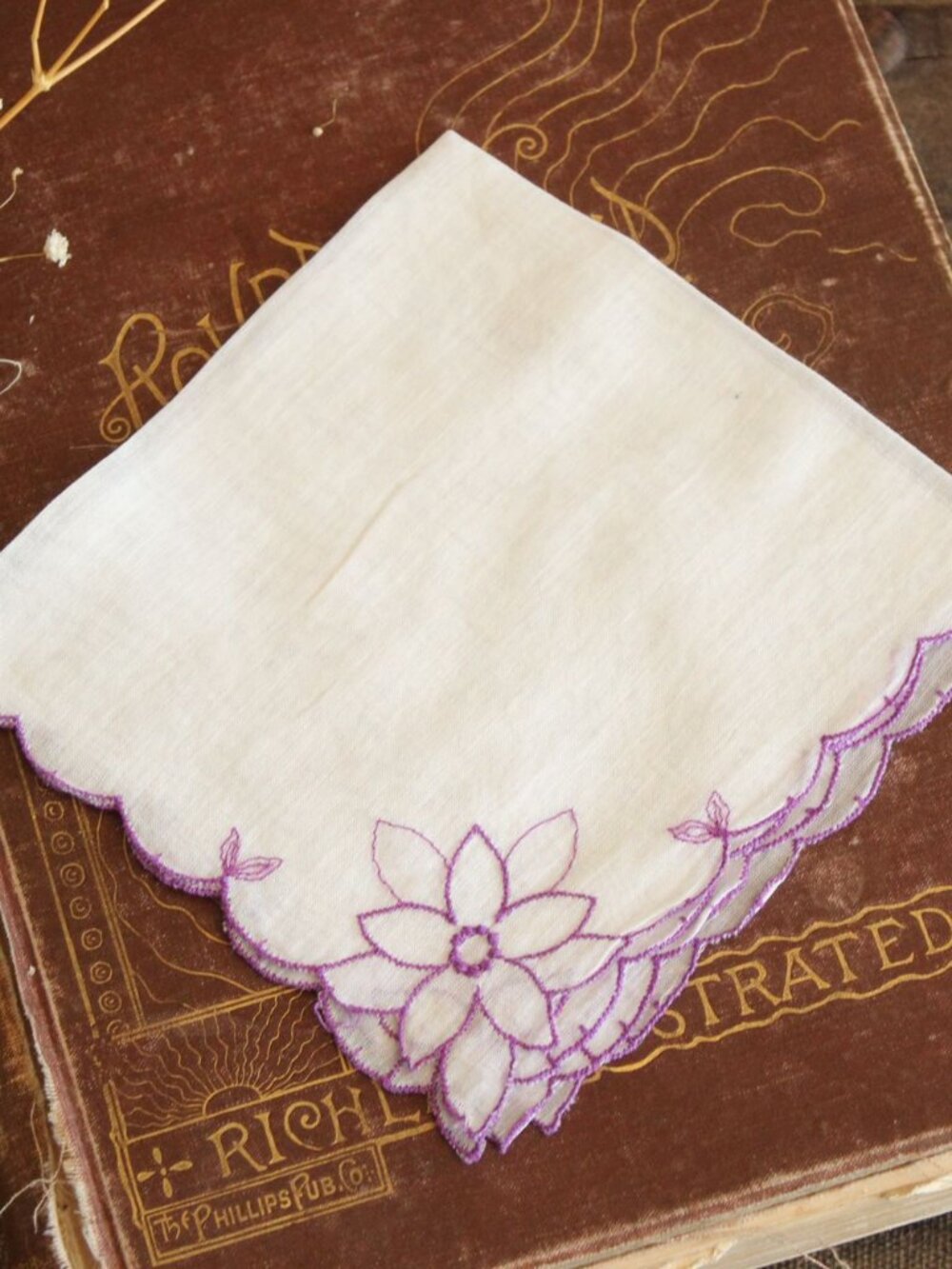 Vintage 1950s Handkerchief, Purple Flower Embroidery on White Cotton Hanky